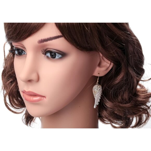 Women's Crystal Dangle Earrings Angel Wing Gold Copper Hypoallergenic Jewelry - Picture 3 of 5
